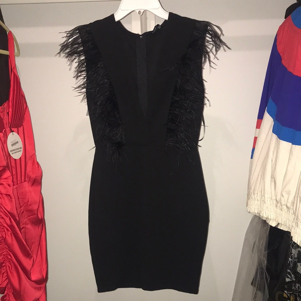 NWT Black Feather-Trim Sheath Dress